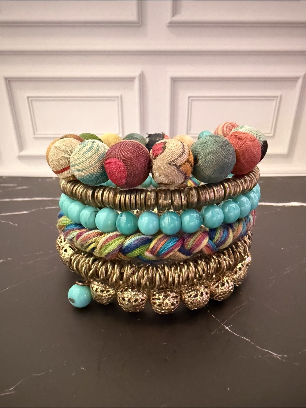 Kantha Textile Beads Spiral Wrap Bracelet Mixed Media On Memory Wire Boho Hippie